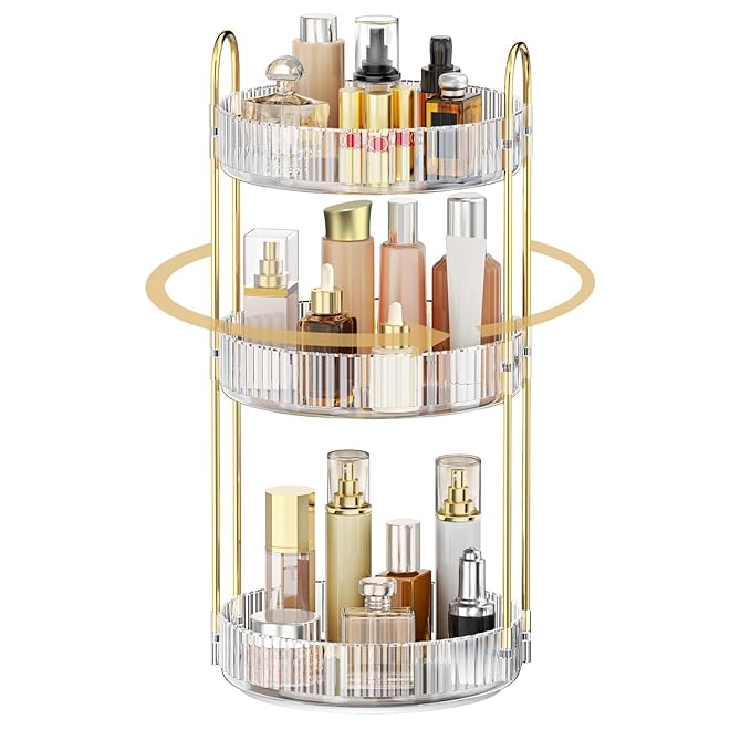 MOKANI 360 Rotating Makeup Organizer for Vanity, 3 Tier Adjustable Perfume Organizer for Dresser, Multi-Function Spinning Cos