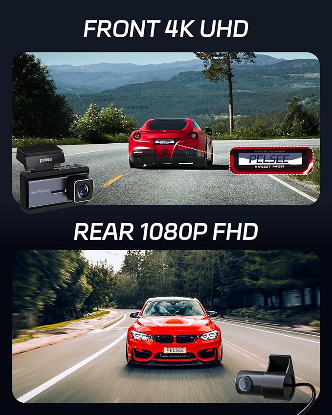 Pelsee P3 4K Dash Cam Front and Rear, 64GB SD Card, 4K+1080P Dual Dash Camera for Cars with Wi-Fi, GPS, ADAS, BSD, LCA, 3’’ I