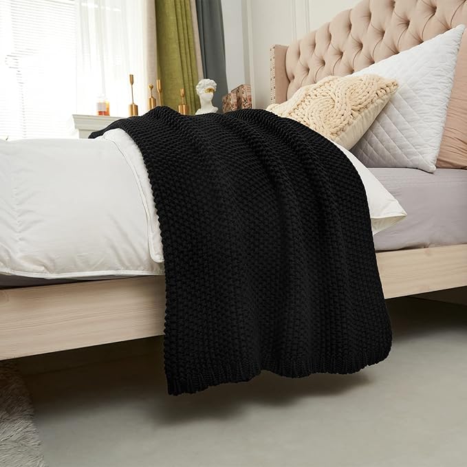 Chunky Cable Knit Throw Blanket Lightweight Black 100% Organic Cotton Blanket for Sofa Couch Bed Baby Nursery, Rustic Shabby 