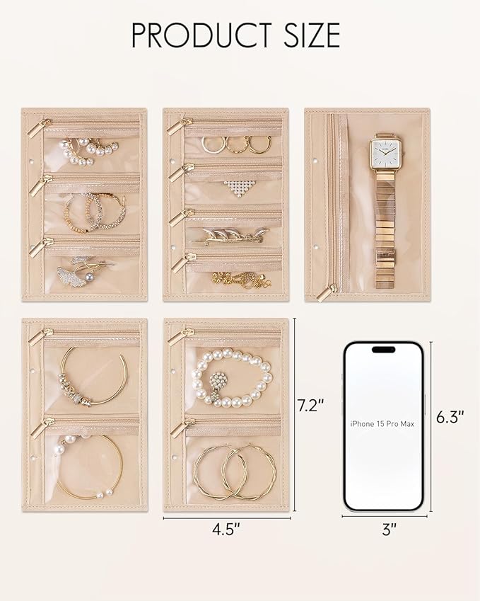 Vlando Travel Jewelry Bags,Jewelry Storage Pouch,5 Pcs Clear Velvet Zipper Pockets Bag for Travel Business Trip Jewelry Organ
