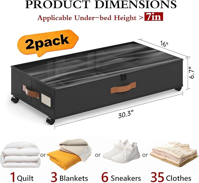 Yecaye Under Bed Storage with Wheels, 2 Pack Under Bed Storage Containers with Adjustable Dividers & Clear Window, Rolling Un