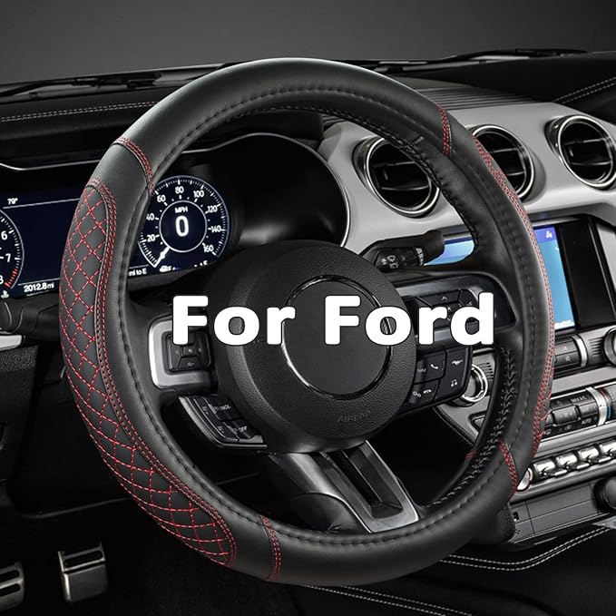West Llama Car Steering Wheel Cover for Ford Escape,Explorer,Fusion,Focus,Bronco,Transit,Edge(Diamond Quilted - Black+Red- St