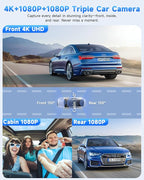 SARMERT 4K 3 Channel Dash Cam, Dash Cam Front and Rear C3, Free 64GB Card, 4K+1080P+1080P Dashcam, G-Sensor, WDR, APP, 5G WiF