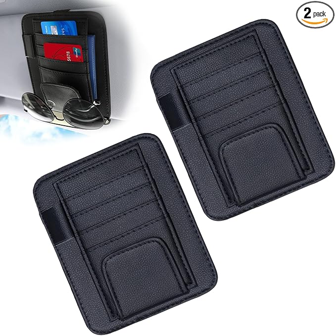 2 PCS Car Sun Visor Organizer, Sunvisor Organizers with Sunglass Holder & Card Sleeve Pocket, Leather Car Sunglass Holder for Most Vehicle of Trucks, SUVs, Black