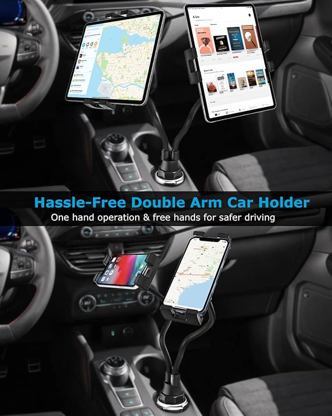 woleyi Cup Holder Tablet Mount for Car, [Double Device Clamp] Dual iPad Phone Car Mount with 10" Gooseneck Adjustable Arm for iPad Pro Air Mini, Galaxy Tabs, Z Fold, Fire HD, iPhone, 4.7-13" Devices