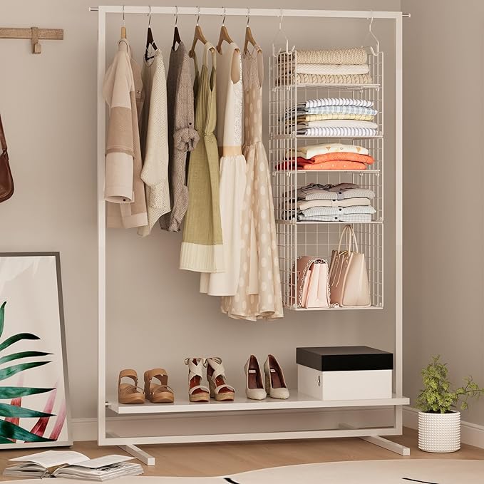 X-cosrack Closet Hanging Organizer and Storage - 5 Tier Hanging Shelves, Wire Closet Shelf Organizer Basket with Adjustable D