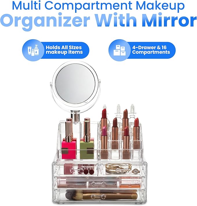 Masirs Clear Makeup Organizer with Mirror – 16-Compartment Cosmetic and Jewelry Holder, 4-Drawer Vanity Storage, Elegant Clea