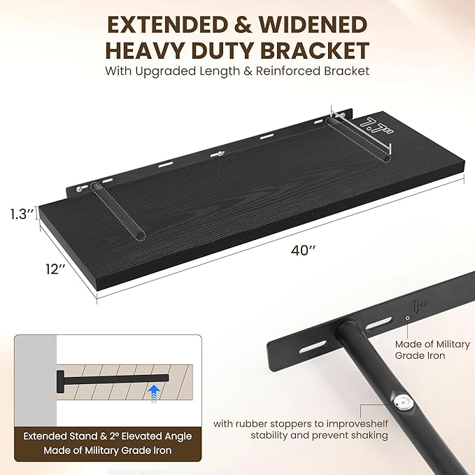 Dreamland 40" Floating Shelves for Wall, 12" Deep Slim Black Floating Shelves, Wall-Mounted Shelves for Bedroom, Living Room,