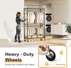 M MZG Heavy Duty Rolling Garment Rack 3 Tiers Adjustable Wire Shelving Clothes Rack with 2 Rods and Side Hooks,Storage Closet