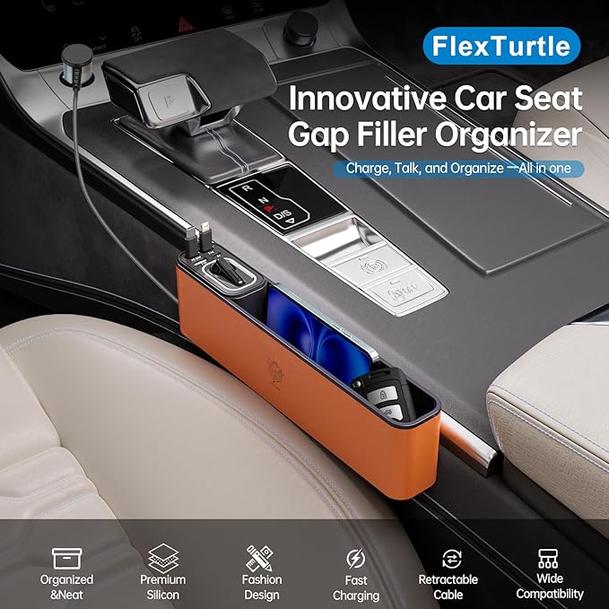 Car Seat Gap Filler Organizer with 69W Retractable Car Charger & Bluetooth Earpiece for Driving Calls, Car Accessories with Trucker Headset, Fits Sedans, SUVs, Pickup Trucks & Crossovers