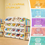 Kids Toy Storage Organizer with Bookshelf – Wooden Shelf with 16 Bins & 6 Shelves, Quick Assembly Storage Rack for Playroom, 