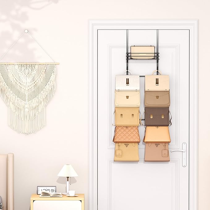 SWTYMIKI Over The Door Purse Organizer - Wall Mounted Handbag Organizer with 10 Hooks and Metal Basket, Hanging Purse Storage