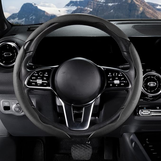 Car Steering Wheel Cover Leather Snap On 3Pcs Set Non-Slip Protector Wrap Steering Wheel Accessories 14.5-15 inch Universal B