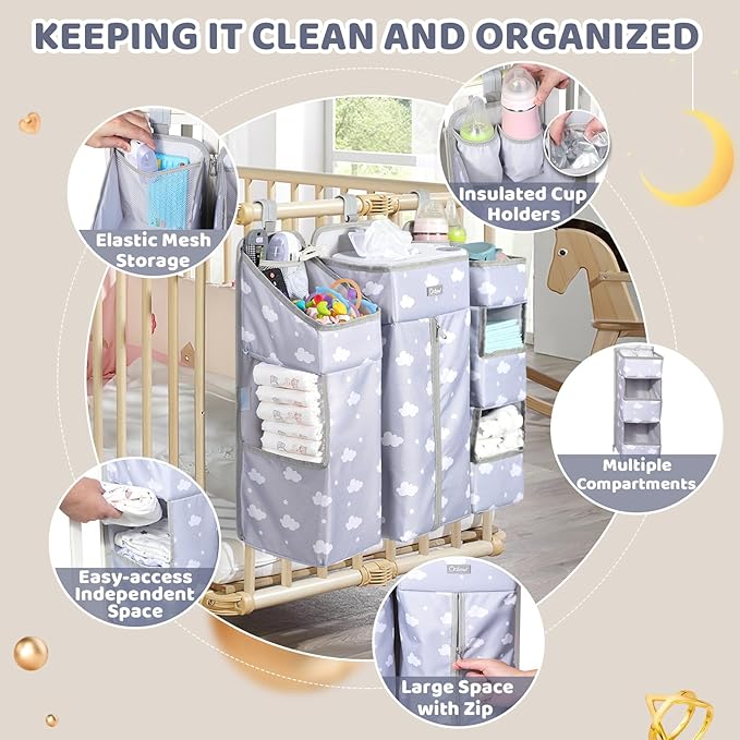 Orzbow XL Hanging Diaper Caddy Organizer for Baby Essentials, Removable 3 in 1 Diaper Stacker, Changing Table Organizer for C