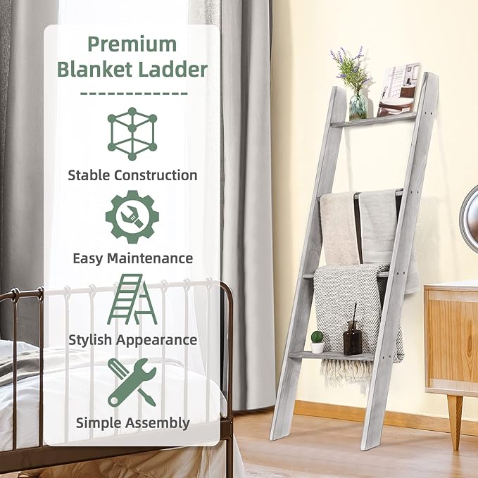 Tangkula 4-Tier Wooden Blanket Ladder, 4.5 ft Farmhouse Storage Rack, Wall Leaning Ladder Shelf Stand, Decorative Blanket She
