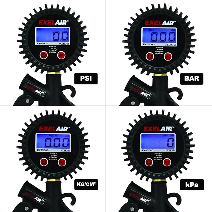 EXELAIR Digital Pistol Grip Tire Inflator Gauge EX0500D, Easy Clip Air Chuck, Easy to Read 0.1 Display, Pistol Grip Handle, 100 PSI Max Pressure, 16" Air Hose, 1/4" NPT (PSI, kPa, Bar, and kg/cm2)