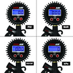 EXELAIR Digital Pistol Grip Tire Inflator Gauge EX0500D, Easy Clip Air Chuck, Easy to Read 0.1 Display, Pistol Grip Handle, 100 PSI Max Pressure, 16" Air Hose, 1/4" NPT (PSI, kPa, Bar, and kg/cm2)