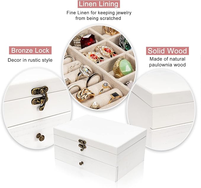 Pinzoveco Jewelry Box for Women, Rustic Wooden Jewelry Organizer Box for Storage Earrings Rings Necklace Bracelet, Farmhouse 
