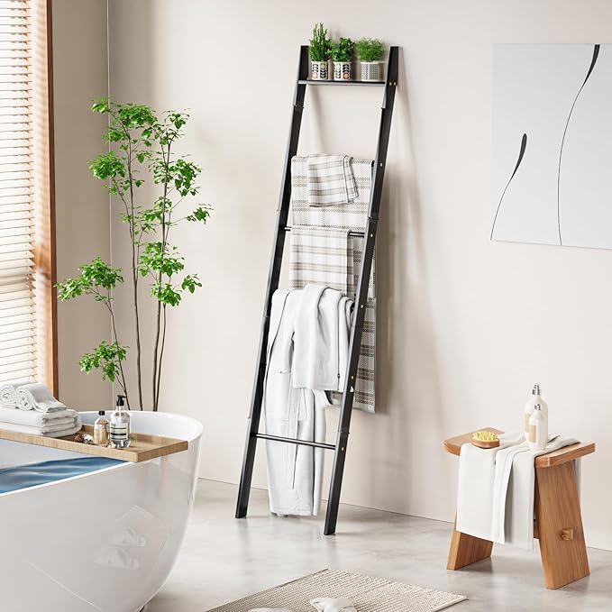 BAMBANG 6-Tier Blanket Ladder for Living Room, Blanket Quilt Ladder Rack Rustic Decorative Towel Holder, Wall Leaning Blanket