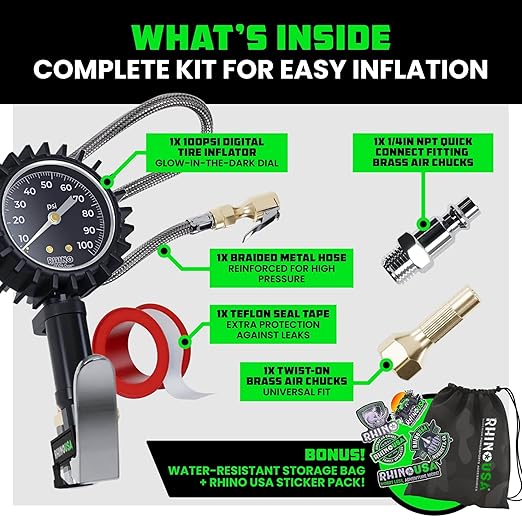 Rhino USA Tire Pressure Gauge with Inflator (0-100 PSI) - Heavy Duty Air Chuck and Compressor Accessories with Stainless Braided Hose, Large Analog Dial and Solid Brass Hardware for Truck and RV