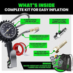Rhino USA Tire Pressure Gauge with Inflator (0-100 PSI) - Heavy Duty Air Chuck and Compressor Accessories with Stainless Braided Hose, Large Analog Dial and Solid Brass Hardware for Truck and RV