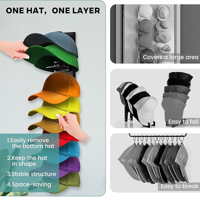 2Pack Upgraded Contour Fit Lock Hat Organizer for Baseball Cap,Hat Rack Strong Adhesive Hat Hangers for Wall Hold Up to 20 Ha