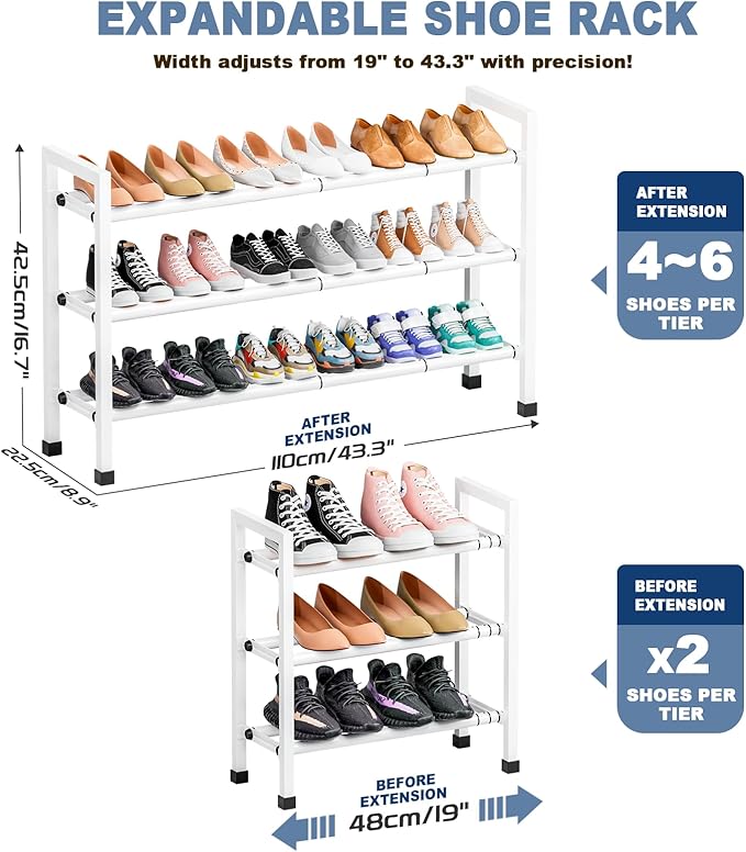 Mavivegue 3-Tier 19"-43.3" Adjustable Shoe Rack for Closet,Expandable Shoe Rack, Hall Entryway,Front Door,Garage, Sturdy Stee