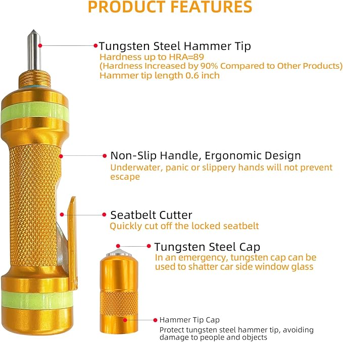2-in-1 Window Breaker Seatbelt Cutter, Car Window Breaker Tool, Metal Glass Breaker - Extended Tungsten Steel Hammer Tip, Can