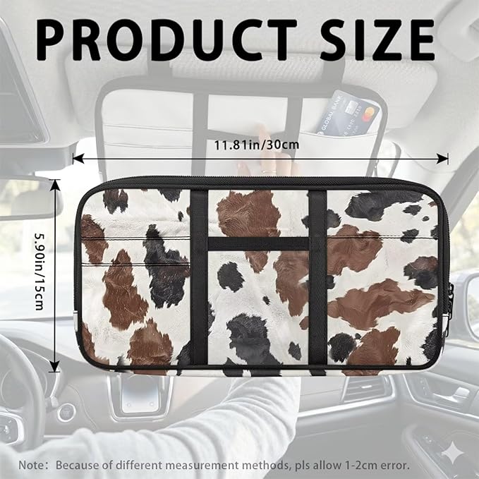 Cow Car Visor Organizer Scratch-Resistant Sunvisor Organizers Auto Interior Car Accessories with Zipper Visor Storage Pouch Fits Most Vehicles, SUVs, Trucks Keep Tidy