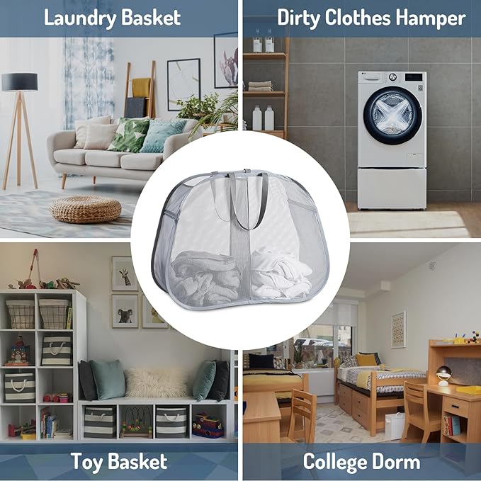 Seiritex Mesh Popup Laundry Hamper 2 Compartment, Collapsible Laundry Sorter Basket Foldable Hamper for Clothes, College Dorm
