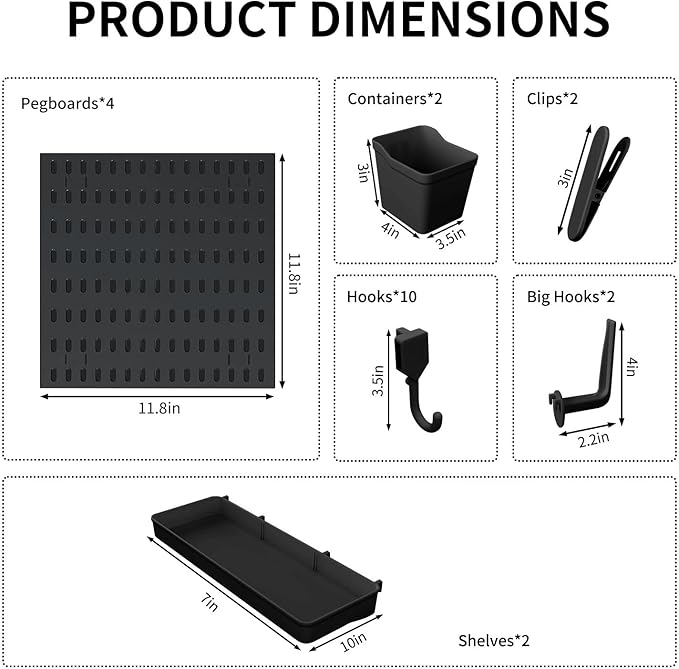 SHGJ&SOFT Peg Board Wall Organizer Panels, 22pcs - Includes 4 Black Pegboards & Accessories, Plastic Pegboard for Home，Office