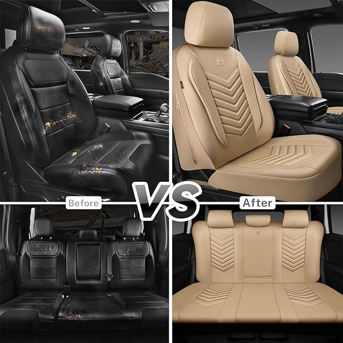 CAR PASS 3D Foam Faux Leather Car Seat Covers Full Set,Waterproof Tan Leather Seat Cover for Cars,Luxury Universal Fit Anti-S