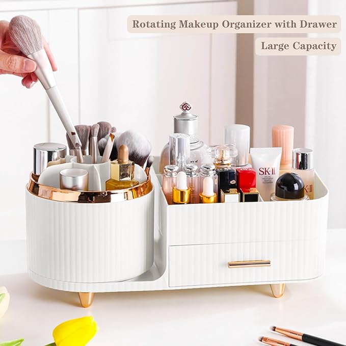 Rotating Makeup Organizer for Vanity with Brush Holder and Drawer, Cosmetic Makeup Storage, Large Spinning Makeup Skincare Or