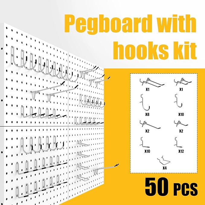 Spampur Peg Board, 4 Pack Metal Pegboard Panels with 50 Hooks, White Pegboards Wall Organizer, Heavy Duty Peg Board for Walls