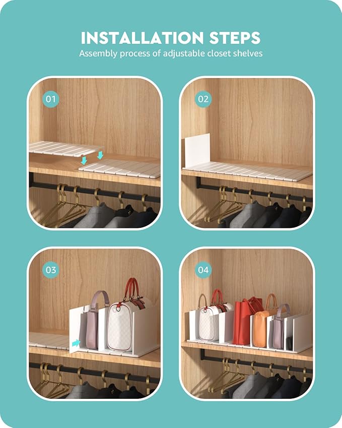 Baffect Adjustable Shelf Dividers, Plastic Purse Shelf Separators, Improved Handbag Organizers for Closet (Set of 2, White)
