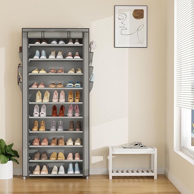 VTRIN Vertical Narrow Shoe Rack Organizer Tall Shoe Rack for Closet Entryway 10 Tier Non-Woven Cover Shoe Shelf Holds 36-41 P