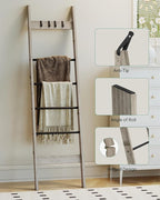 Hzuaneri Blanket Ladder for Living Room, Decorative Quilt Rack with 4 Removable Hooks, 6-Tier Farmhouse Ladder Holder Shelf O