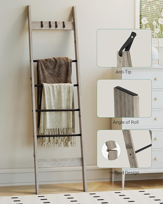 Hzuaneri Blanket Ladder for Living Room, Decorative Quilt Rack with 4 Removable Hooks, 6-Tier Farmhouse Ladder Holder Shelf O