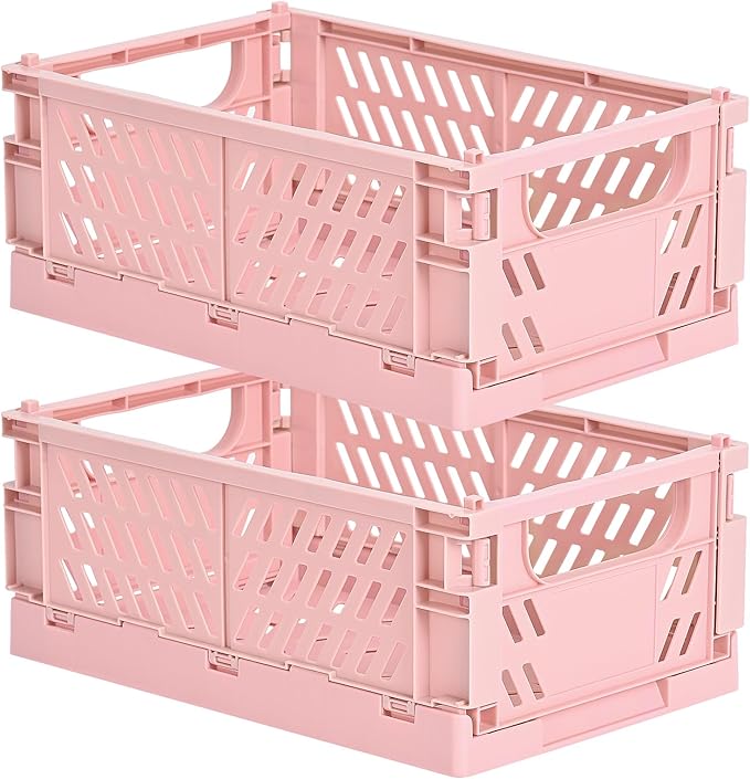 HUUSMOT 2-Pack Small Pastel Plastic Storage Baskets, Collapsible Crates for Organizing, Space-Saving Mini Bins for Classroom,