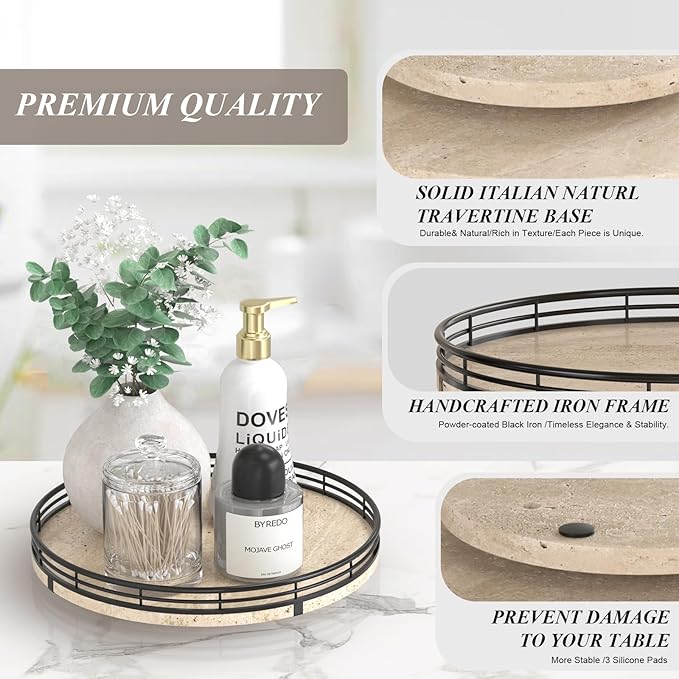 Italian Natural Travertine Lazy Susan Turntable for Table Top – 10” Round Marble Tray Organizer for Bathroom, Vanity, Dining 