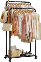 Sakugi Clothes Rack - Clothing Rack with Storage Mesh Shelf & Casters, Heavy-Duty Metal Clothing Rack for Hanging Clothes, Dr