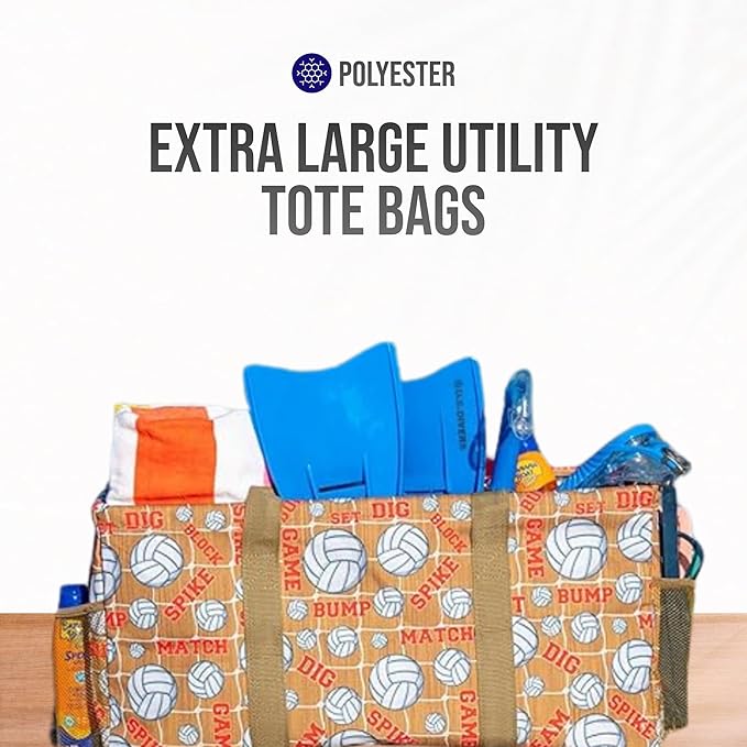 Extra Large Utility Tote Bag - Oversized Collapsible Reusable Wire Frame Rectangular Canvas Basket With Two Exterior Pockets For Beach, Pool, Laundry, Car Trunk, Storage - Volleyball