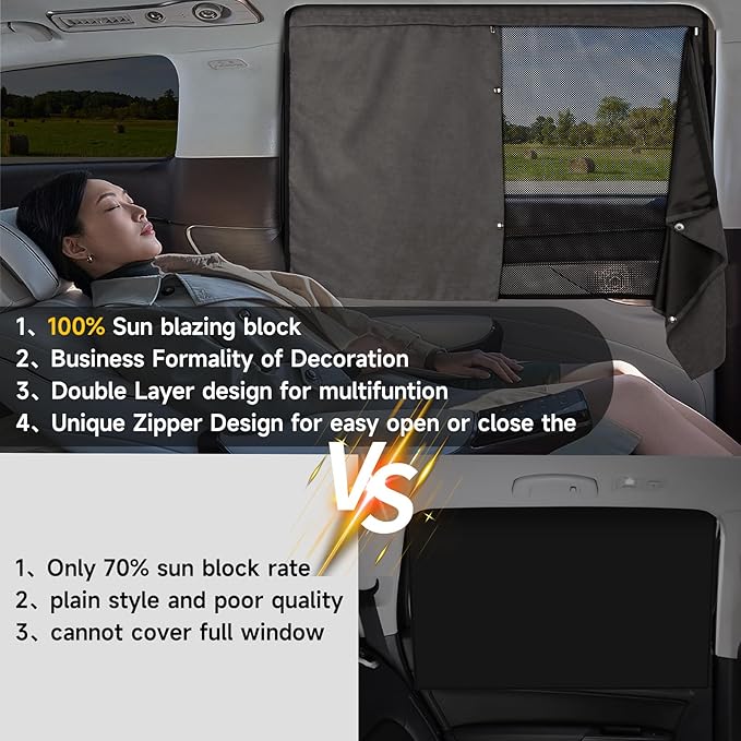 Car Window Shades, 2 Pack Suede Fabric & Dual-Layer with Zipper Magnetic Sun Shade Curtain for Back Side Windows, Universal Fit for SUV/Sedan/Truck Back Window Privacy, Blackout Sunshade for Baby