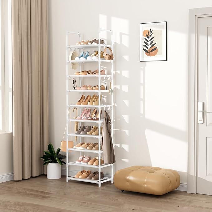 VTRIN 10 Tiers Tall Shoe Rack Holds 20-25 Pairs of Shoes Sturdy Vertical Shoe Organizer with 18pcs Hooks Stackable Narrow Sho