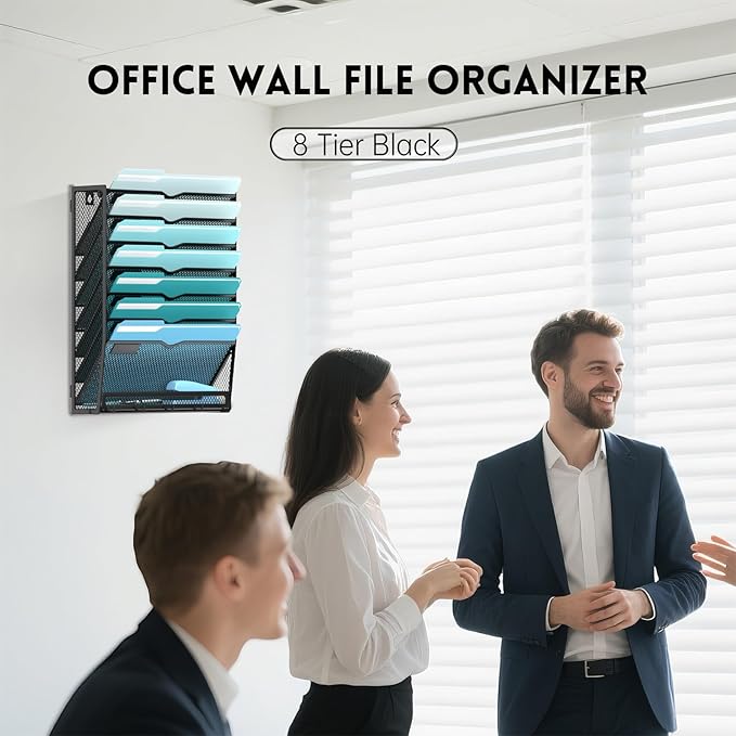 8-Tier Hanging Wall File Organizer with 5 Hooks, Mesh Wall File Holder Vertical Mount Mail Organizer for Papers, Folders, Mag