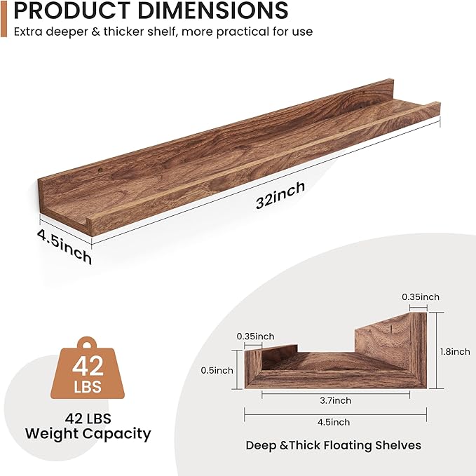 Fun Memories Picture Ledge Shelves Set of 2, 32 Inch Rustic Wall Mounted Floating Shelves with Lip for Home Storage and Décor