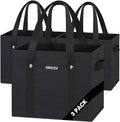 Reusable Grocery Bags 3 Pack - Heavy Duty Reusable Shopping Bags with Hard Bottom & Long Handles, Stand Up Grocery Boxes Reusable Foldable, 13x10.23x11in, Black