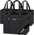 Reusable Grocery Bags 3 Pack - Heavy Duty Reusable Shopping Bags with Hard Bottom & Long Handles, Stand Up Grocery Boxes Reusable Foldable, 13x10.23x11in, Black