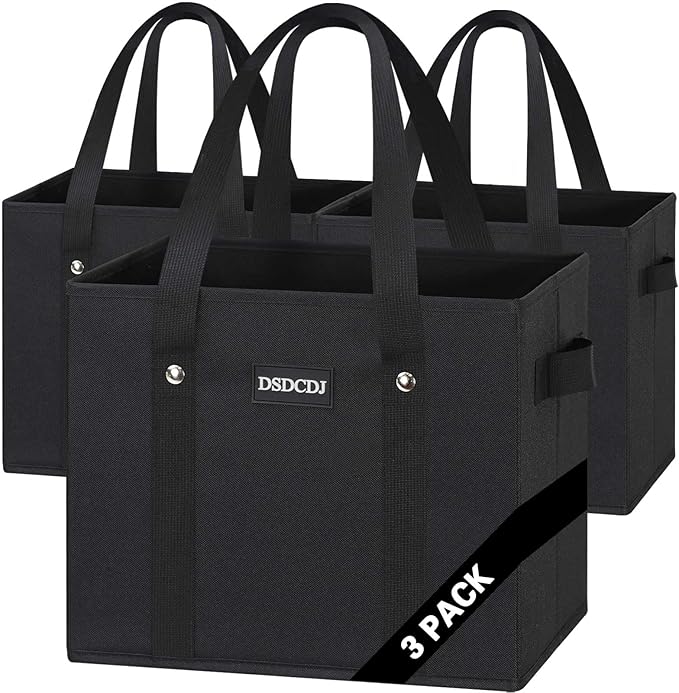 Reusable Grocery Bags 3 Pack - Heavy Duty Reusable Shopping Bags with Hard Bottom & Long Handles, Stand Up Grocery Boxes Reusable Foldable, 13x10.23x11in, Black