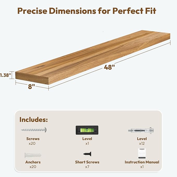 Vivelove Elm Wood Floating Shelves, Wooden Shelves for Wall with Invisible Bracket for Living Room Bedroom Bathroom Office Bo